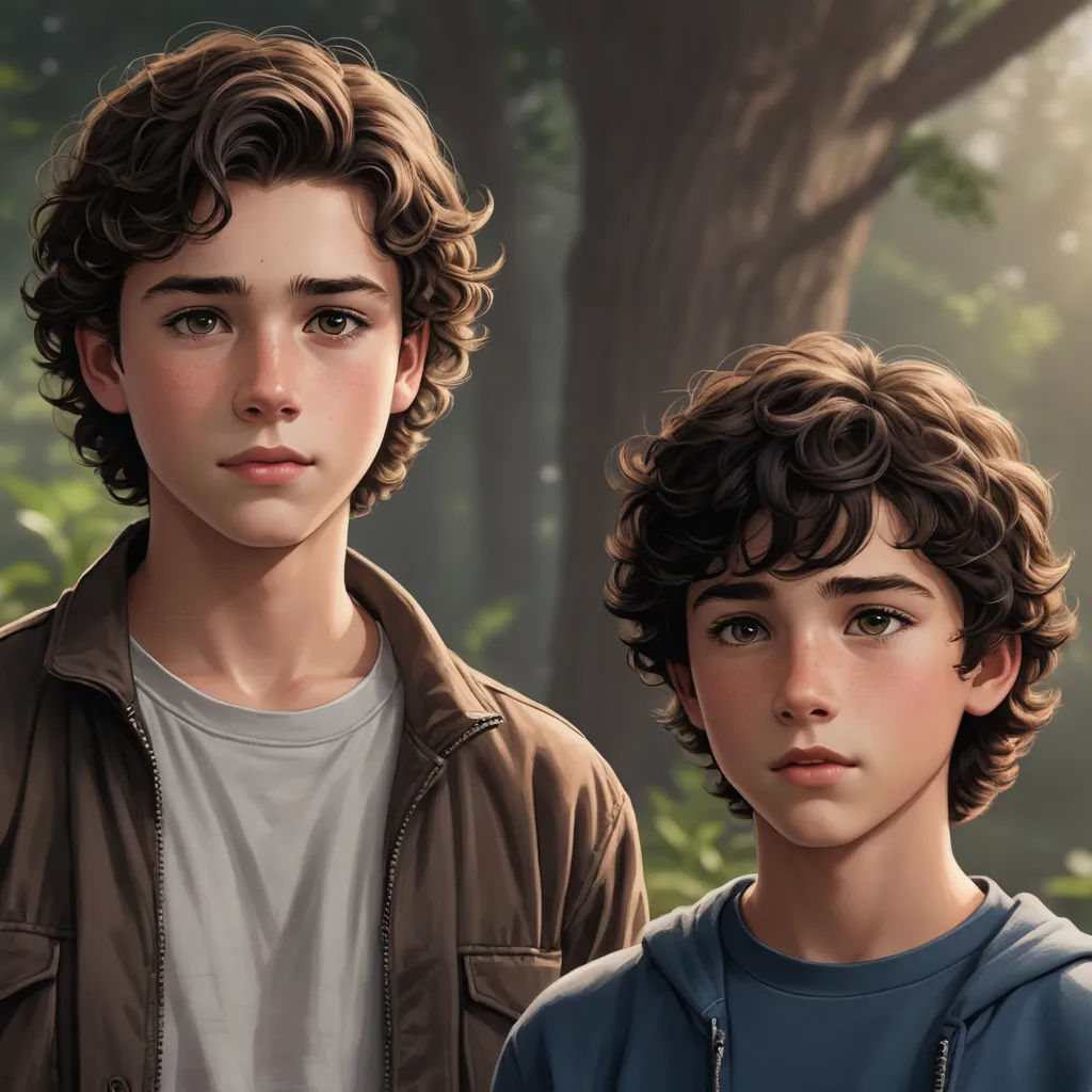 a boy and a boy standing next to each other in a forest with trees and bushes in the background, sots art, a detailed painting, Brothers Hildebrandt, professional digital painting