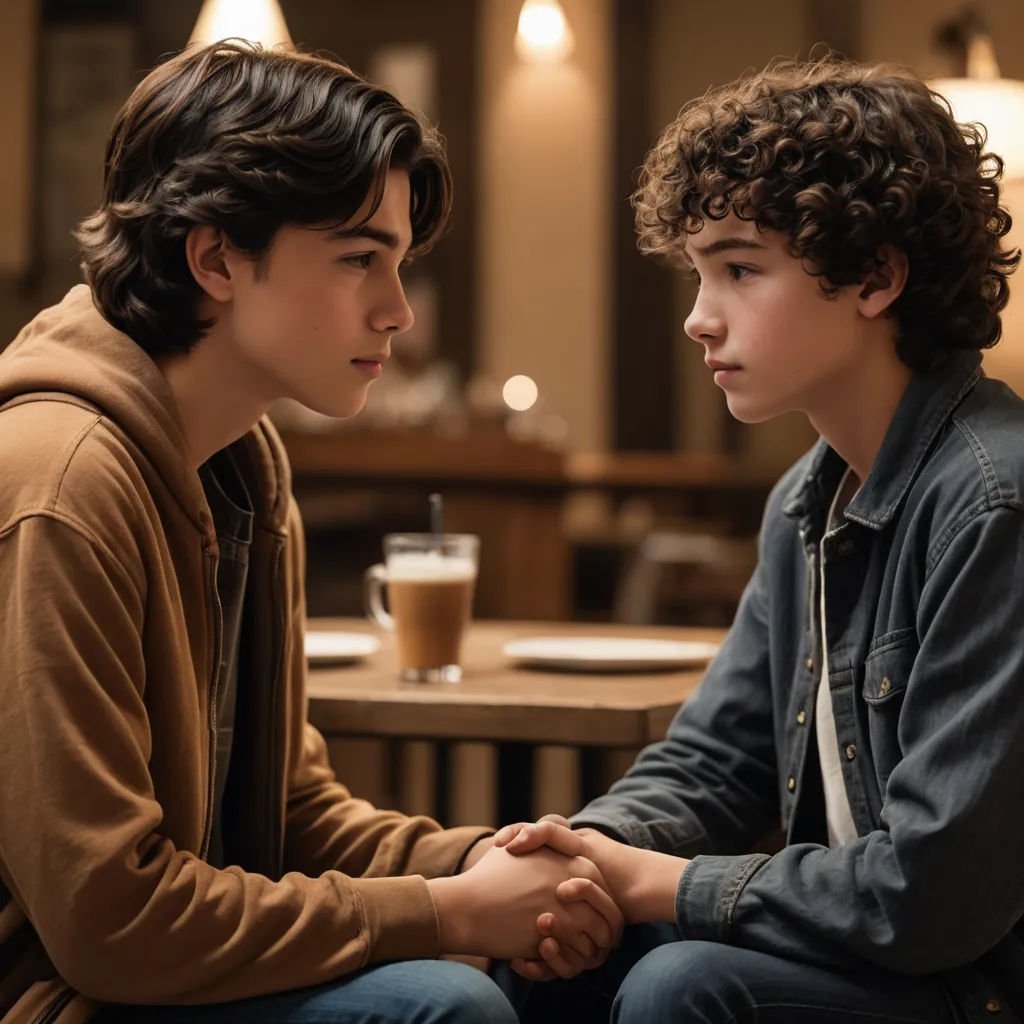 a boy and a boy sitting at a table with a drink in front of them, both looking at each other, tachisme, a renaissance painting, Felix-Kelly, promotional image