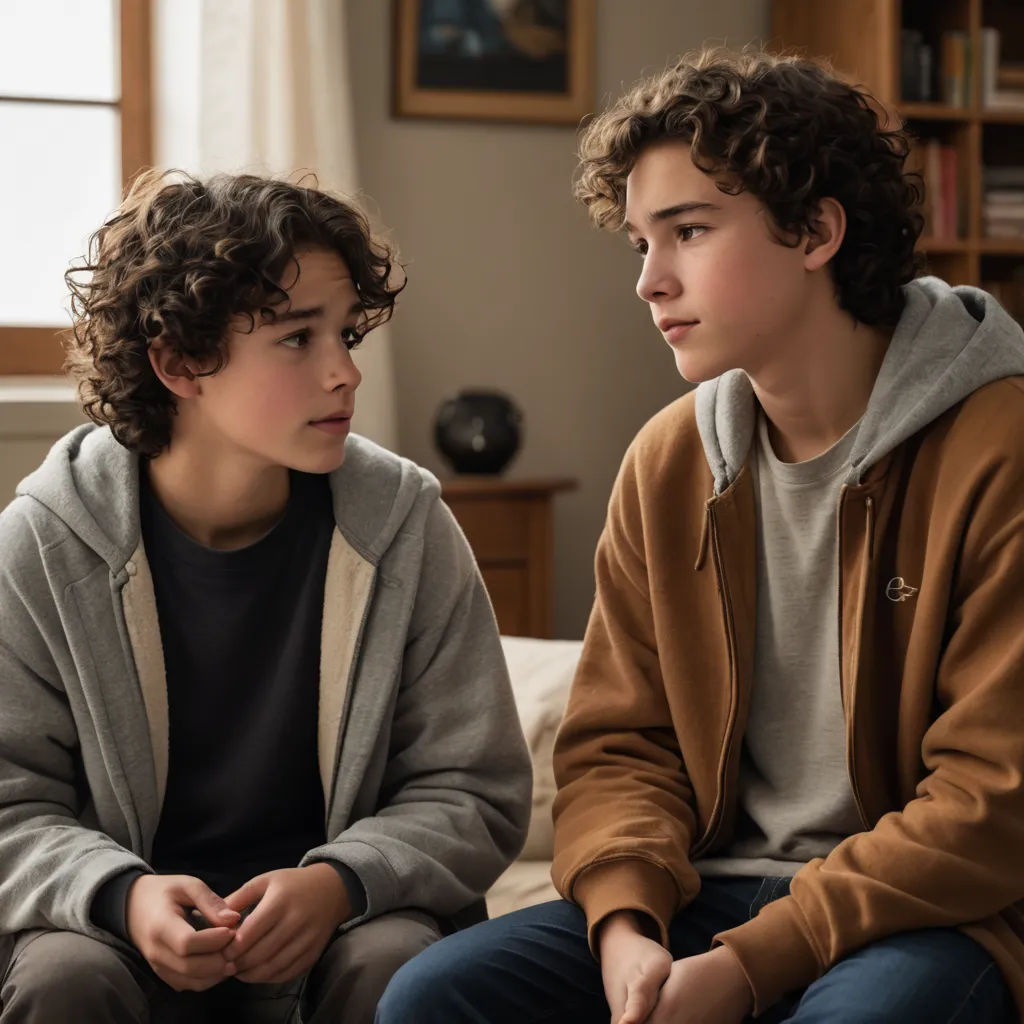 a boy and a girl sitting on a couch talking to each other in a living room with a bookcase in the background, les automatistes, a renaissance painting, Andries Both, promotional image