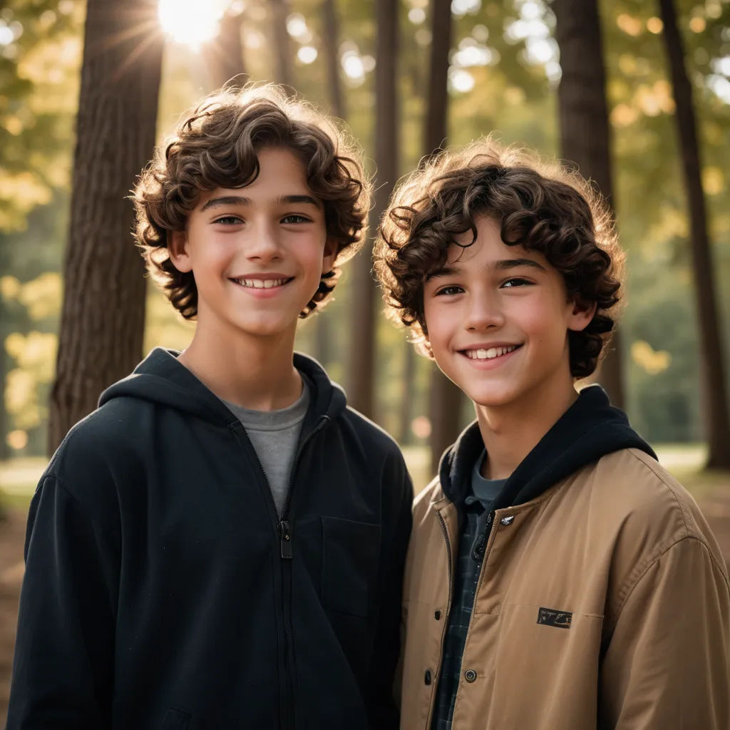 two boys standing next to each other in a forest with trees in the background and sunlight shining through the trees, barbizon school, a stock photo, Andries Both, anamorphic lens flare