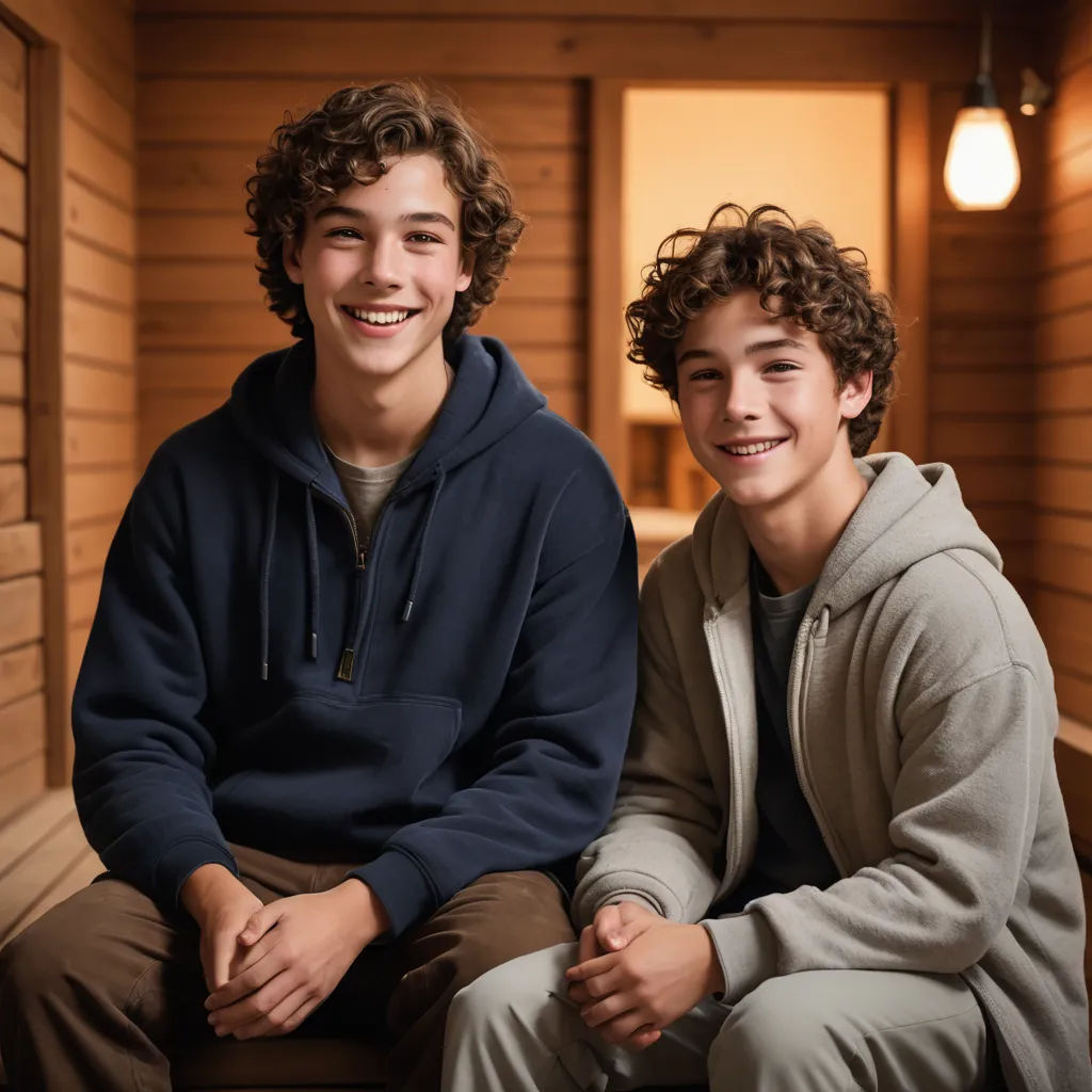 two boys sitting on a bench in a room with wood paneling and lights on the wall behind them, heidelberg school, a stock photo, Christian Hilfgott Brand, promotional image