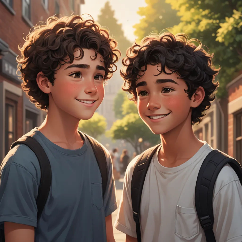 two young boys standing next to each other on a street corner with a backpack on their shoulders and a backpack on their shoulder, photorealism, a storybook illustration, Brothers Hildebrandt, rossdraws global illumination