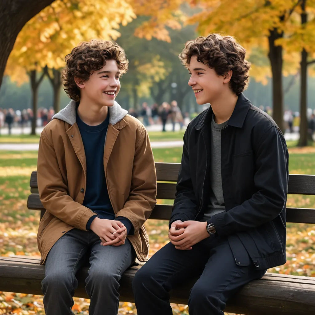 two boys sitting on a bench in a park talking to each other and smiling at each other's faces, les automatistes, a stock photo, Felix-Kelly, promotional image