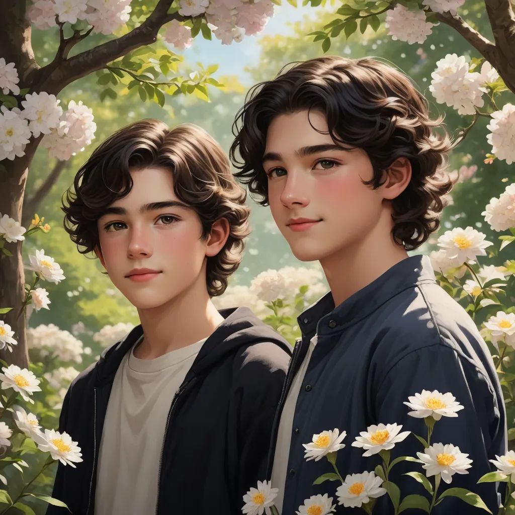 a painting of two boys standing in front of a tree with white flowers on it and a blue jacket, photorealism, a photorealistic painting, Brothers Hildebrandt, rossdraws global illumination