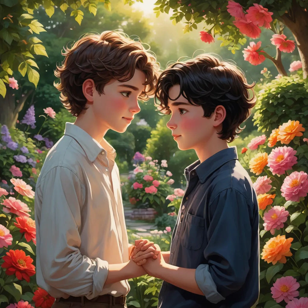 a painting of two boys standing in a garden holding hands and looking at each other with flowers in the background, sots art, a storybook illustration, Brothers Hildebrandt, official art