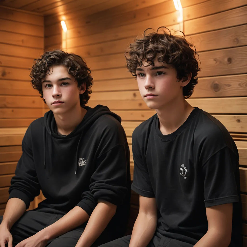 two boys sitting in a sauna with their hands on their hipss and one boy with his head turned to the side, barbizon school, a photocopy, Christian Hilfgott Brand, tech wear