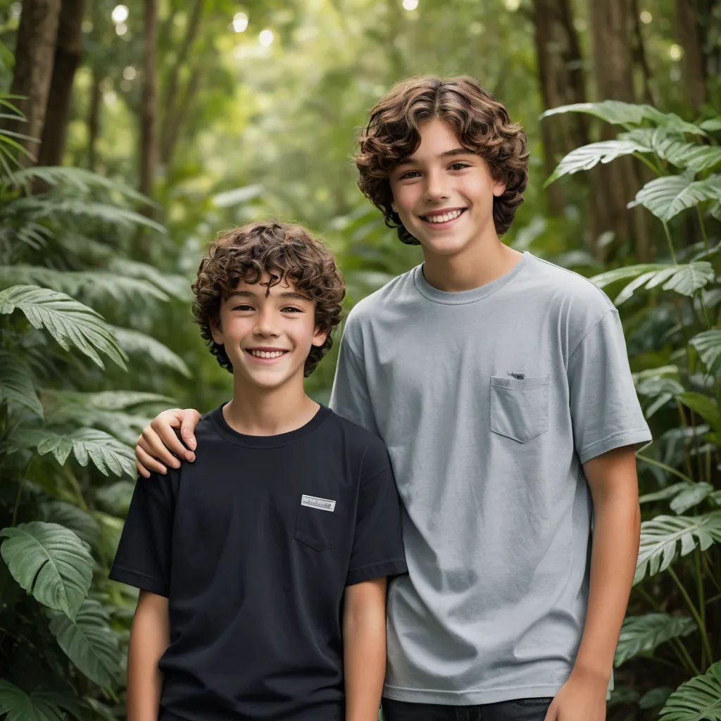 a boy and a boy standing in front of a forest of trees and plants with a smile on their face, sumatraism, a stock photo, Christian Hilfgott Brand, medium - format print