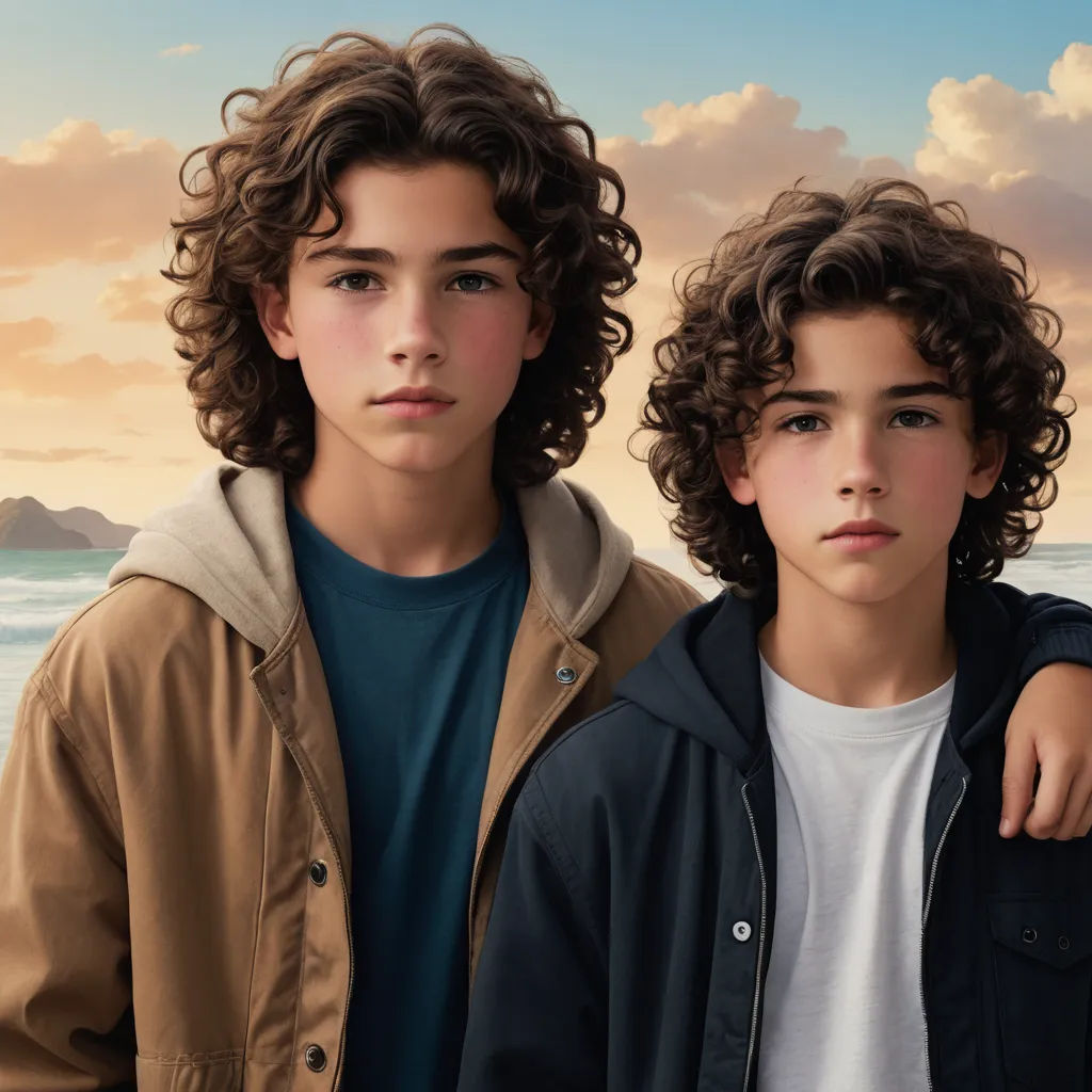 two boys standing next to each other near the ocean with a sunset in the background and a mountain in the distance, hyperrealism, a hyperrealistic painting, Brothers Hildebrandt, promotional image