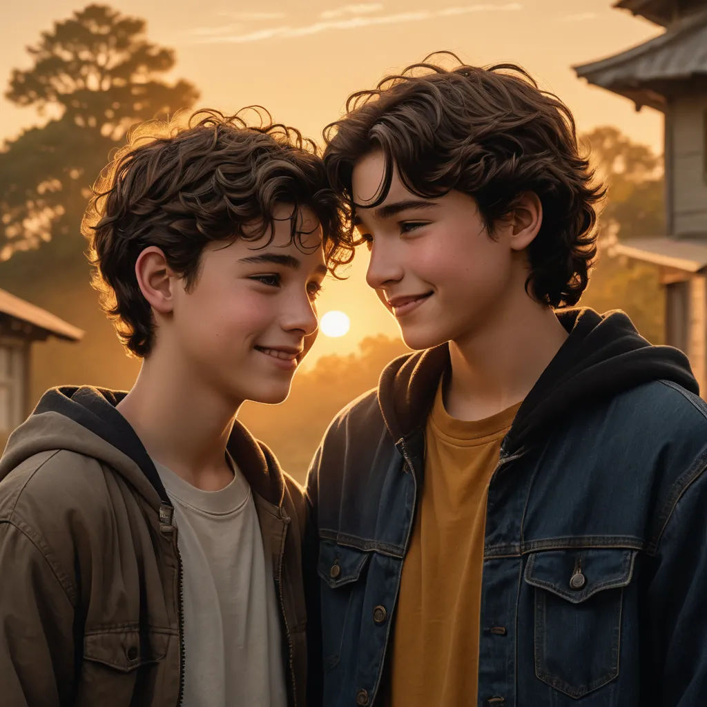 two boys are standing close together in front of a sunset and a house with a clock tower in the background, dau-al-set, a poster, Adam Dario Keel, promotional image