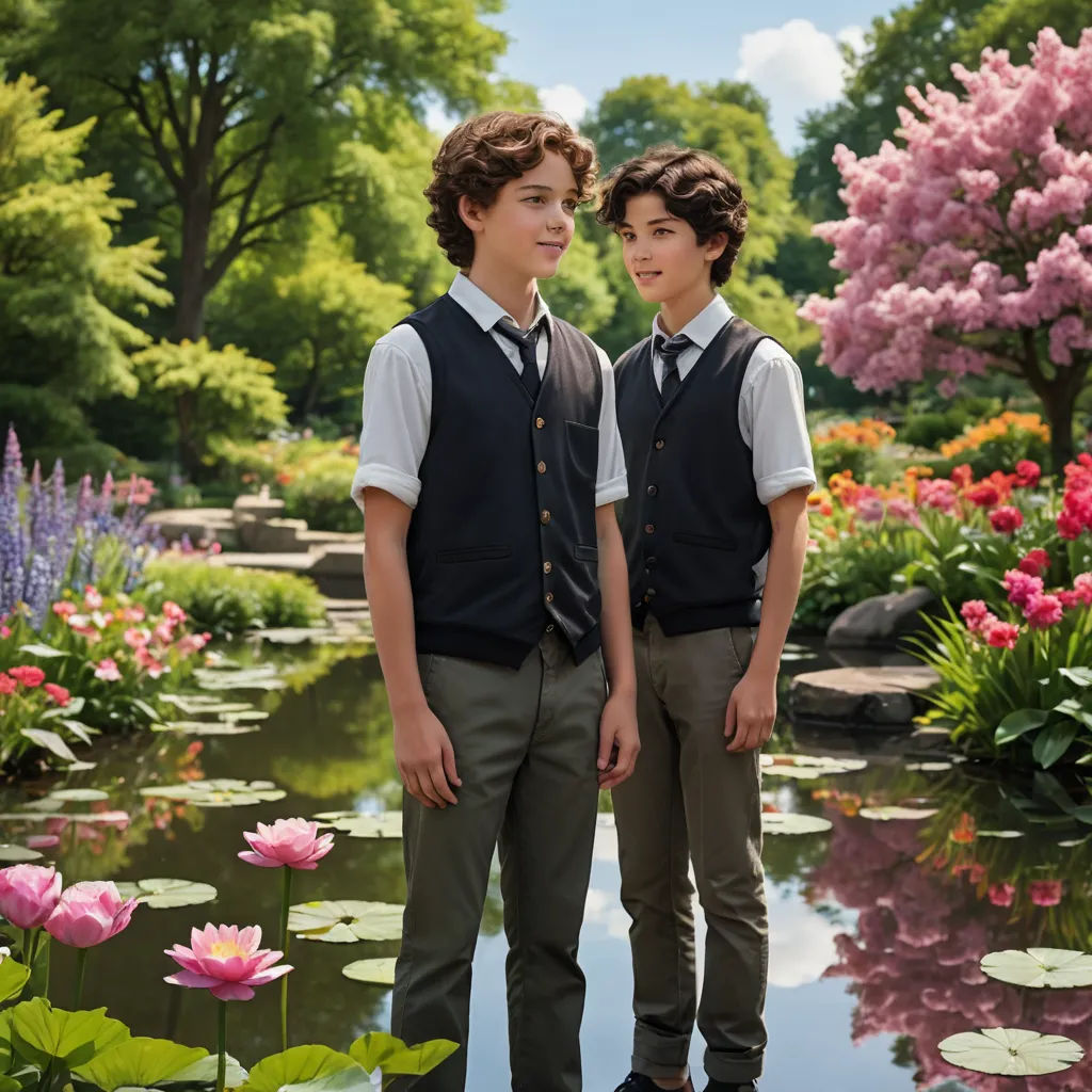 two boys standing next to each other in front of a pond with flowers and trees in the background and a pond with lily pads, heidelberg school, a detailed matte painting, Adam Dario Keel, promotional image
