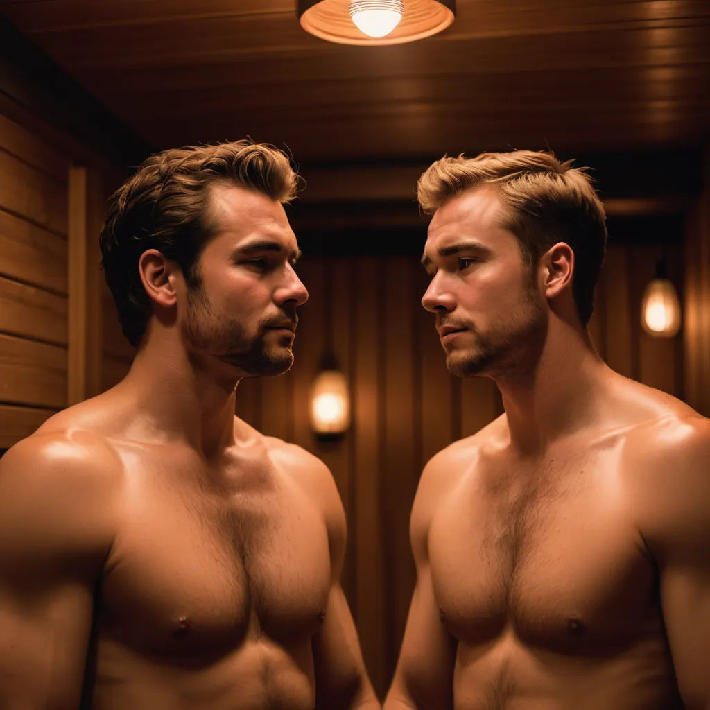 two men standing in a bathroom with no shirts on and no shirts on, looking at each other,, private press, a poster, Adam Dario Keel, promotional image