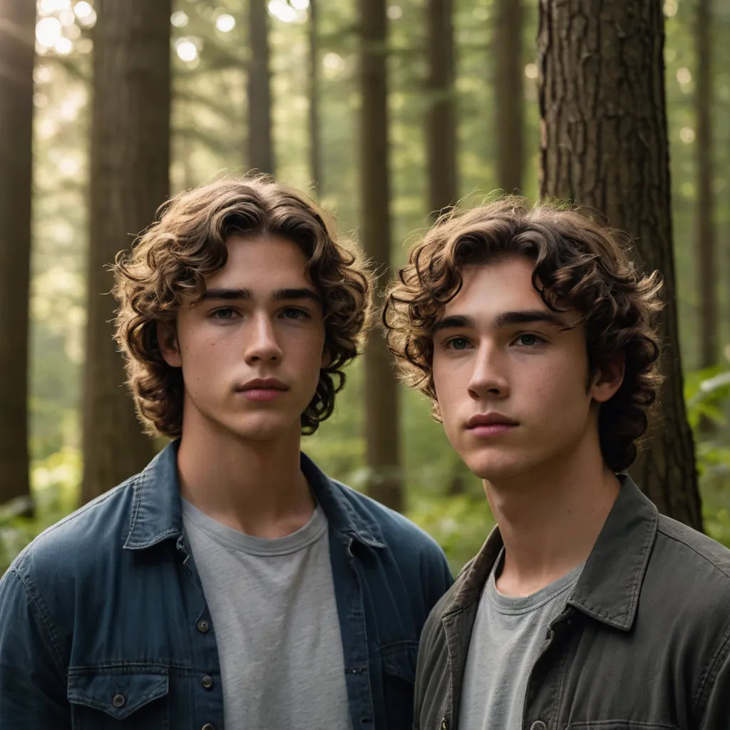 two young men standing in a forest with trees in the background and sunlight shining through the trees on the right, les nabis, a photocopy, Andries Both, promotional image