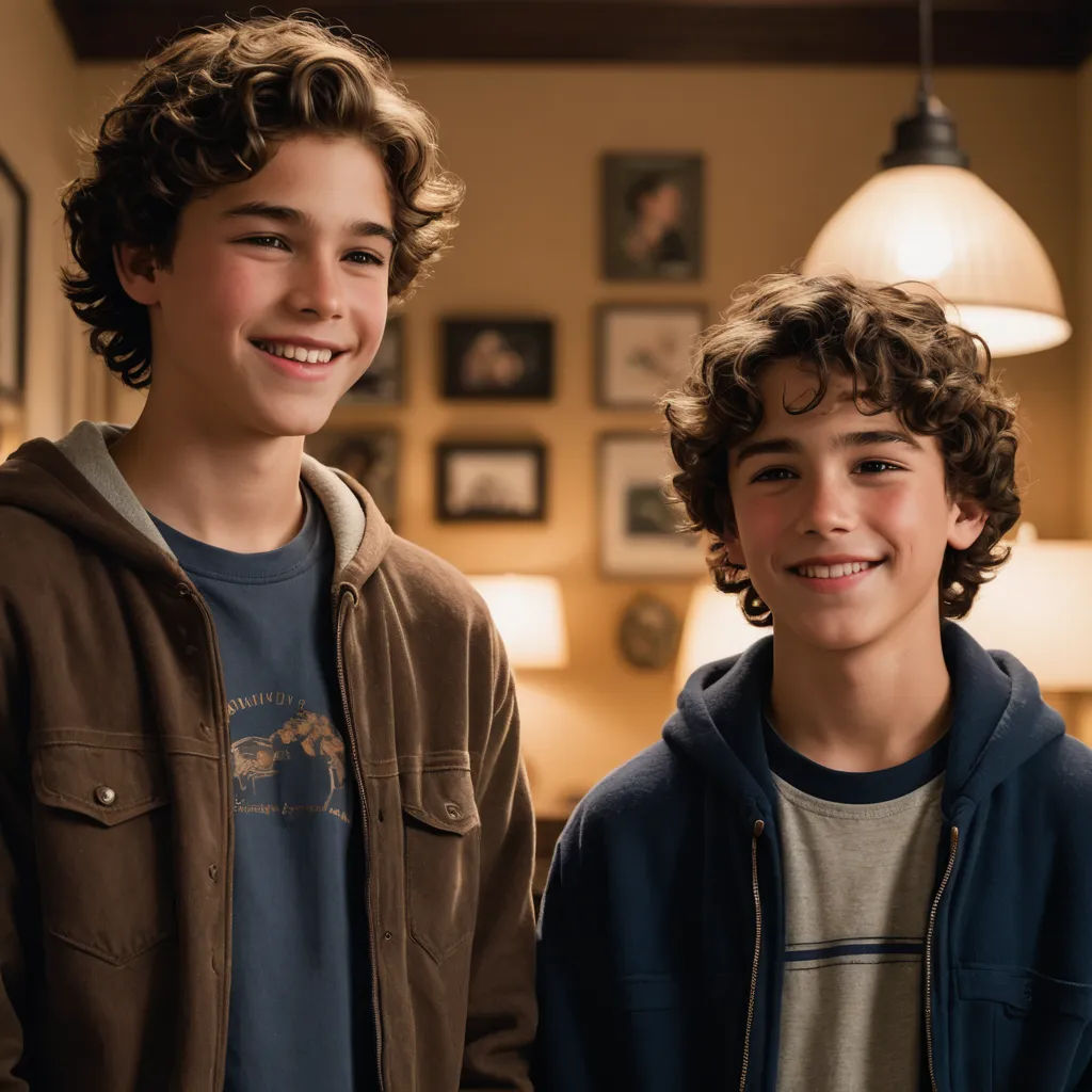 two boys standing next to each other in a room with pictures on the wall and a lamp on the ceiling, antipodeans, a poster, Felix-Kelly, promotional image