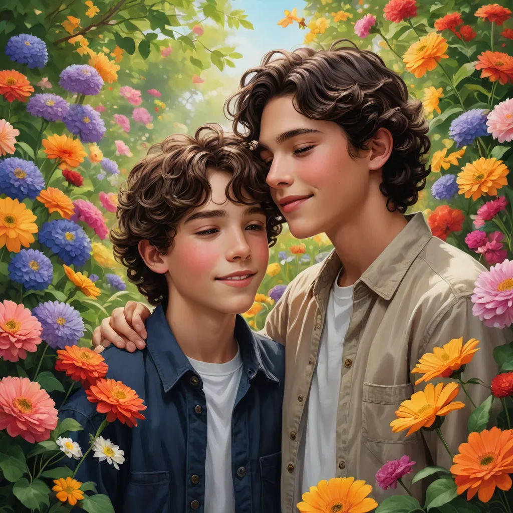 a painting of two boys in a field of flowers with a blue sky in the background and a green field of flowers, photorealism, a hyperrealistic painting, Brothers Hildebrandt, official art