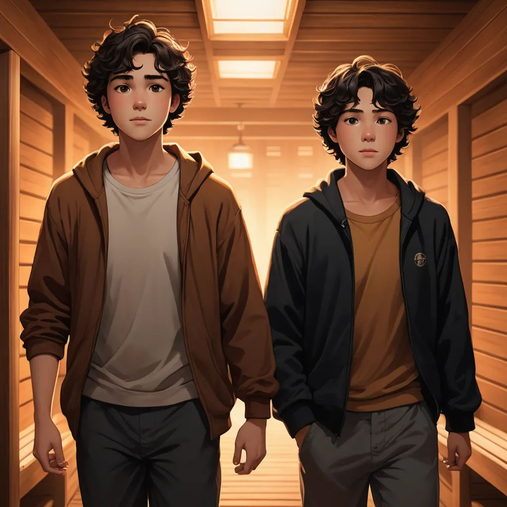 two young men standing in a hallway with wooden walls and a light fixture above them, one of them is wearing a brown hoodie, sots art, concept art, Brothers Hildebrandt, official art