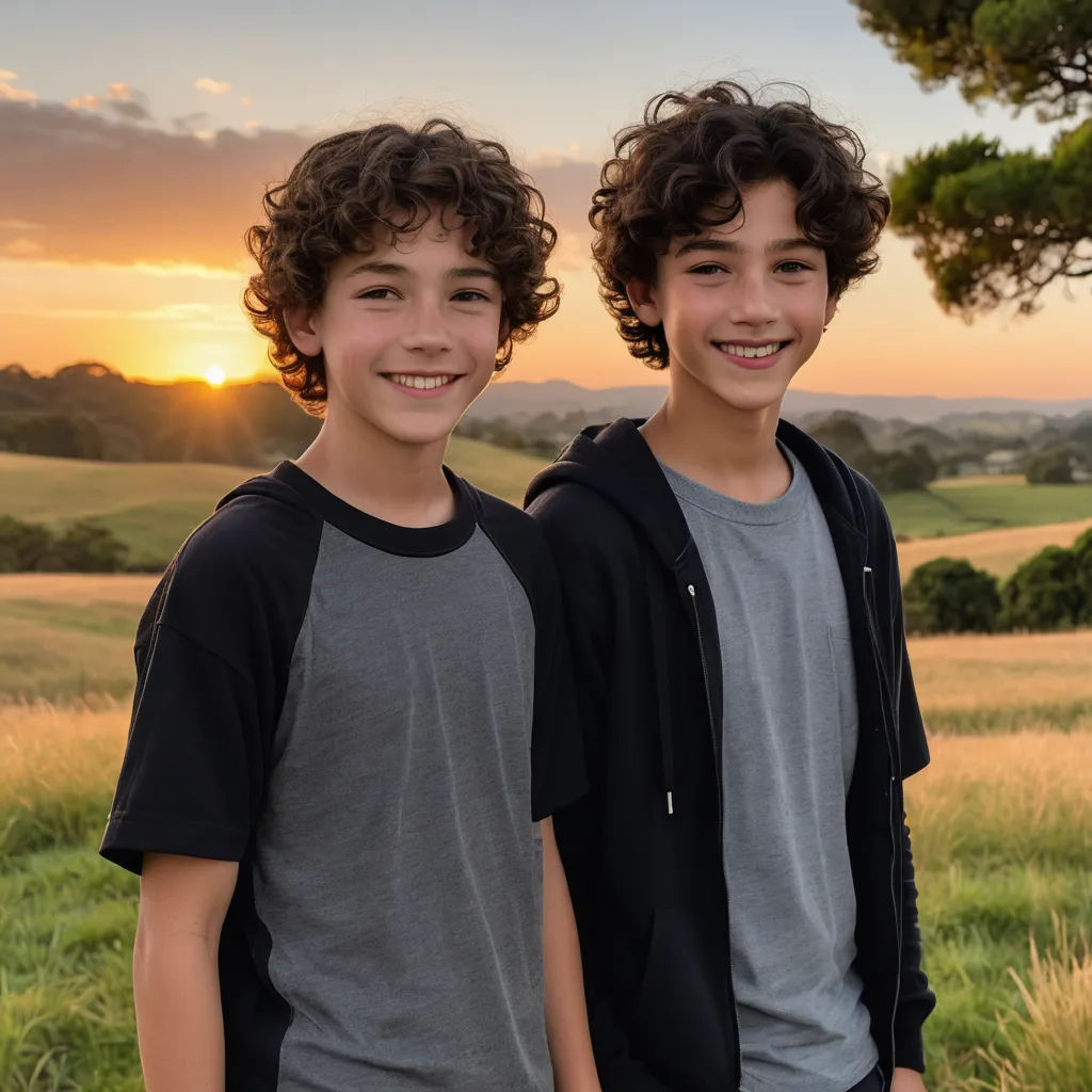 two boys standing next to each other in a field at sunset with a tree in the background and a field of grass and trees in the foreground, dau-al-set, a stock photo, Andries Both, promotional image