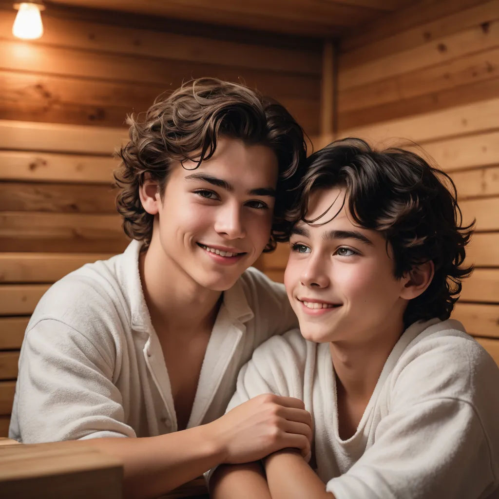 a couple of people that are sitting together in a sauna room with wood walls and a light on, barbizon school, a photocopy, Daniel Lieske, warm lighting