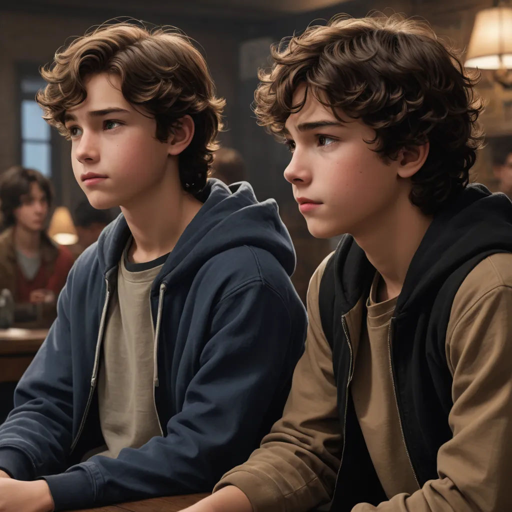 two boys sitting at a table with a laptop computer in front of them, one of them is looking at the camera, northwest school, a photocopy, Felix-Kelly, movie still