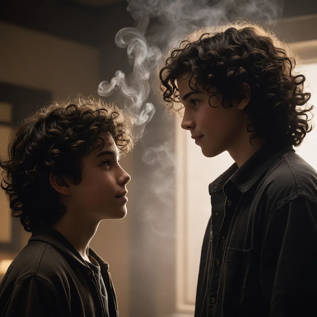 a boy and a girl are staring at each other with smoke coming out of their mouths and the boy is looking at the girl, les nabis, a renaissance painting, Felix-Kelly, promotional image