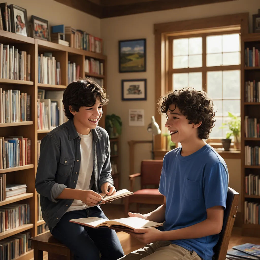 a boy and a boy sitting in a chair in front of a bookcase and smiling at each other, heidelberg school, a storybook illustration, Brothers Hildebrandt, diffuse lighting