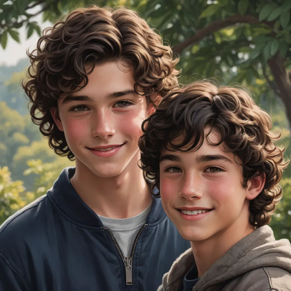 a painting of two boys standing next to each other in front of trees and a mountain range in the background, photorealism, a photorealistic painting, Brothers Hildebrandt, highly detailed digital painting