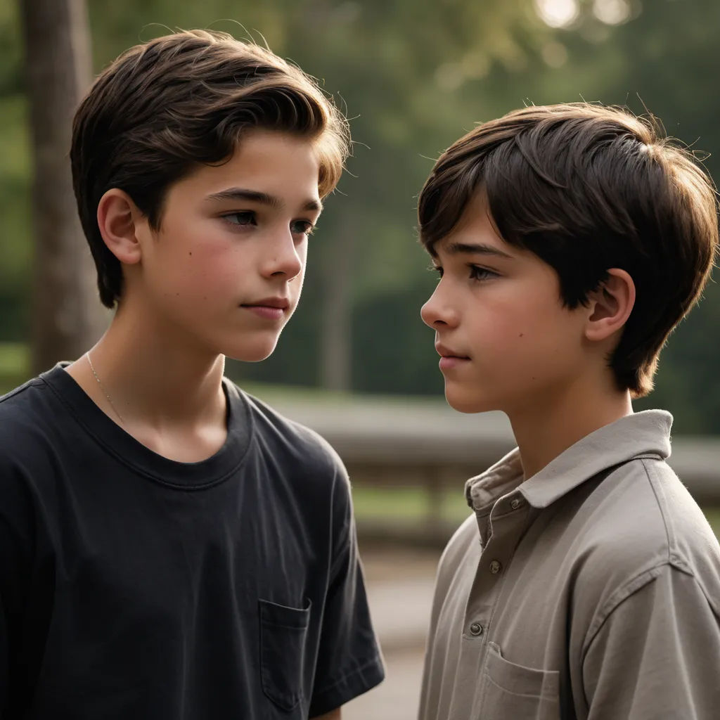 two young boys standing next to each other in a park area with trees in the background and a bench in the foreground, neoism, a photocopy, Adam Dario Keel, promotional image