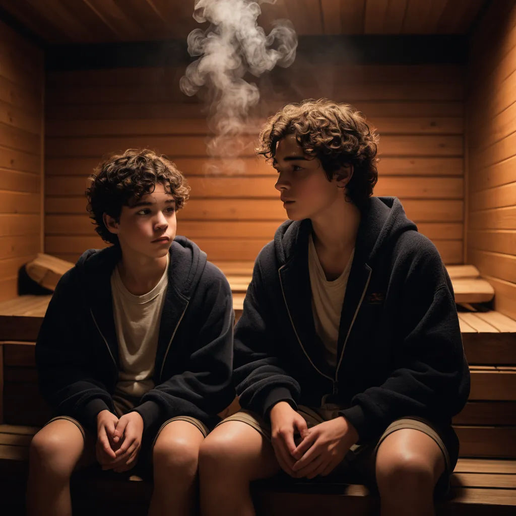 two boys sitting in a sauna with steam coming out of their mouths and a smoke billowing out of their mouth, aestheticism, an album cover, David Budd, promotional image