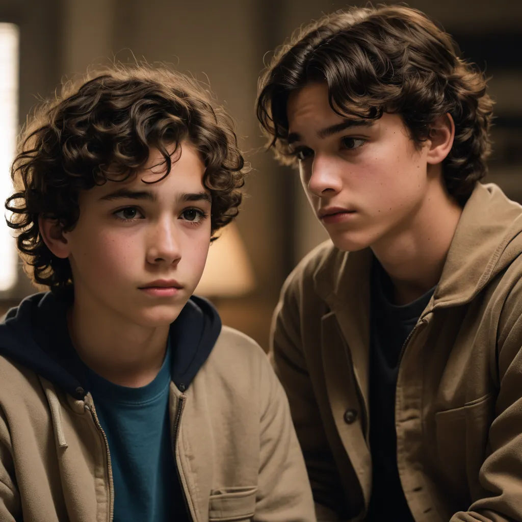 two young boys sitting next to each other in a room with a lamp on the wall behind them and one boy with curly hair, antipodeans, a photocopy, Felix-Kelly, promotional image