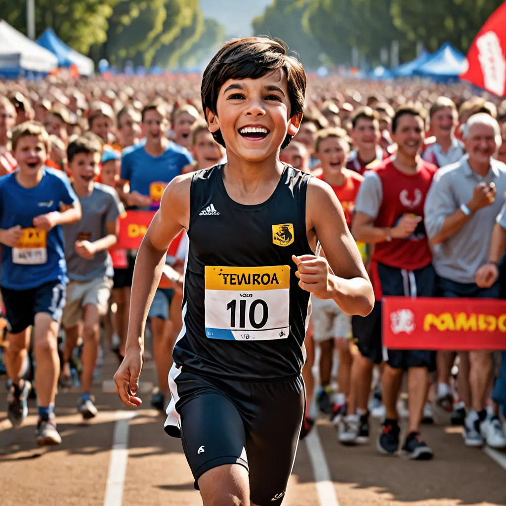 a boy running in a race with a crowd behind him and a banner in the background that says tenka 10, heidelberg school, a photo, Fabien Charuau, promotional image