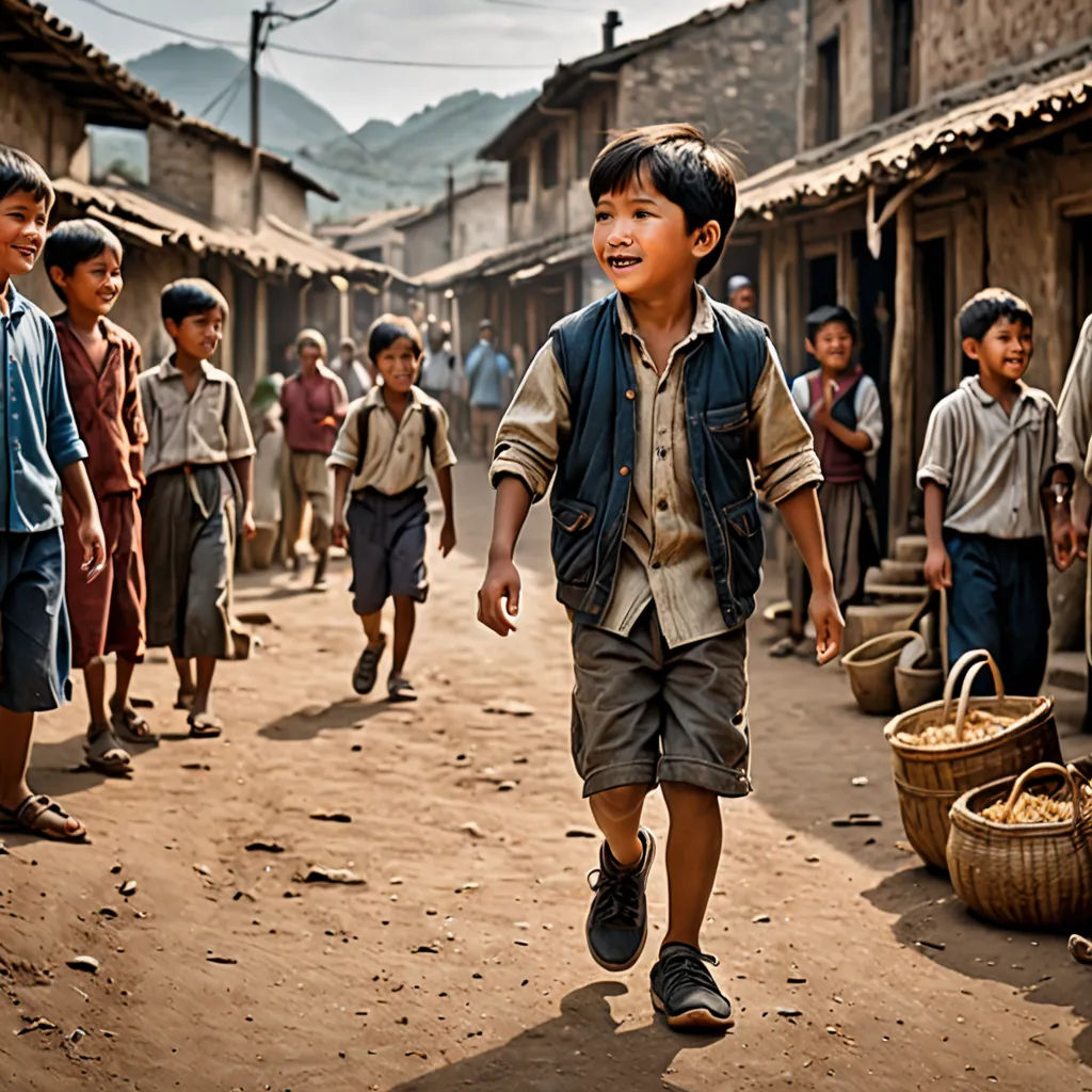 a group of children walking down a dirt road next to a building with a clock on it's side, art photography, a storybook illustration, Daniel Lieske, cinematic photography
