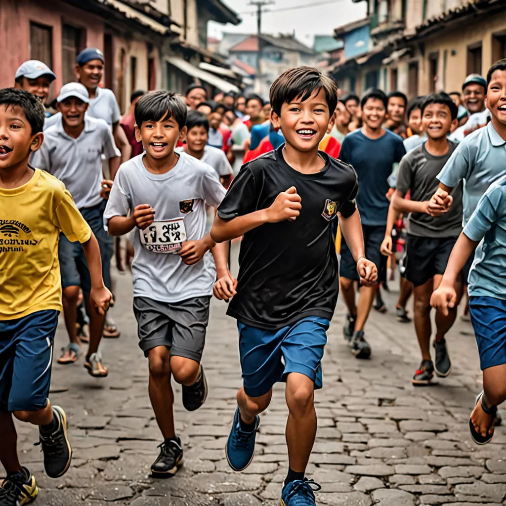 a group of young boys running down a street next to a crowd of people on a cobblestone road, quito school, a stock photo, Daniel Lieske, award-winning photograph