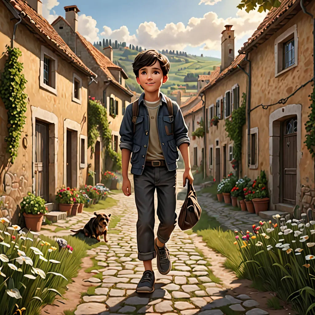a painting of a boy walking down a cobblestone street with a dog on the side of the road, american scene painting, a storybook illustration, Aaron Jasinski, kinkade