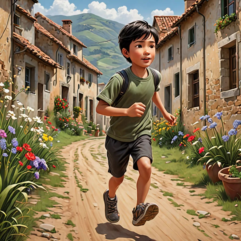 a painting of a boy running down a dirt road in a village with flowers and buildings in the background, american scene painting, a storybook illustration, Aaron Jasinski, official art