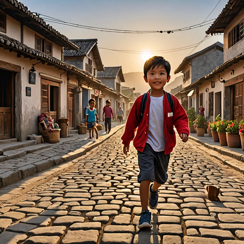 a young boy is running down a cobblestone street in a village at sunset or dawn with a group of people walking on the street, naive art, a stock photo, Daniel Lieske, award-winning photograph