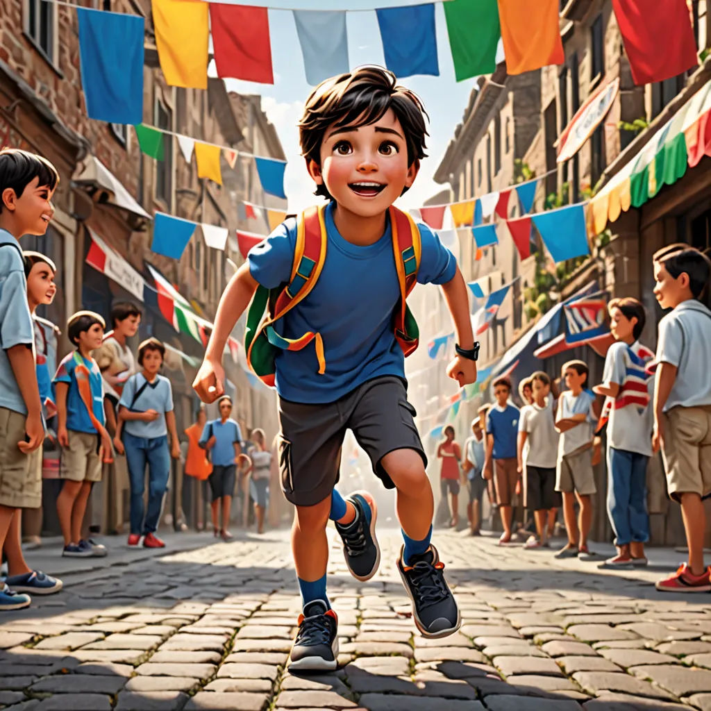 a boy running down a street with a bunch of children in the background and a banner in the air, photorealism, poster art, Alesso Baldovinetti, promotional image