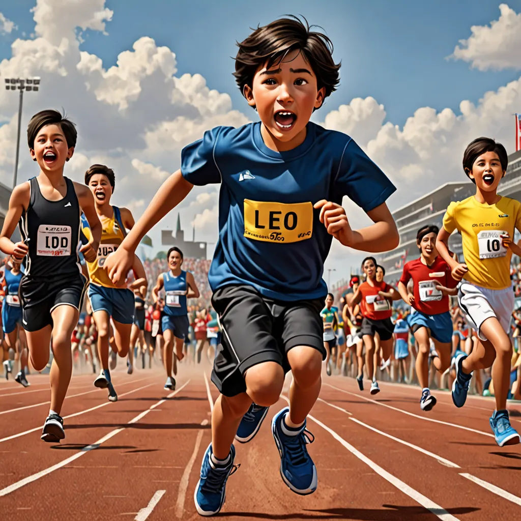 a group of children running on a track in a race track with a crowd of people behind them and a sky background, photorealism, a photorealistic painting, Bob Byerley, highly detailed digital painting