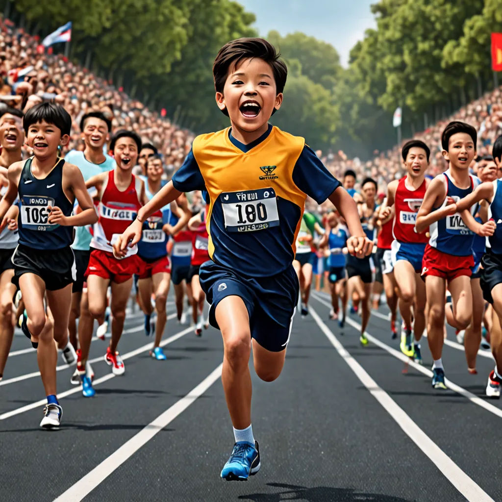 a group of children running in a race on a track with a crowd of people behind them and a man in the background, heidelberg school, a tilt shift photo, Bian Jingzhao, canon eos r 3