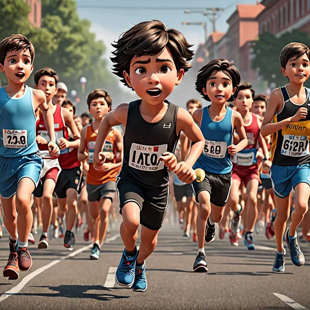 a group of children running in a race on a street with a crowd of people watching them from the sidelines, photorealism, a 3D render, Eddie Mendoza, unreal engine 5 quality render