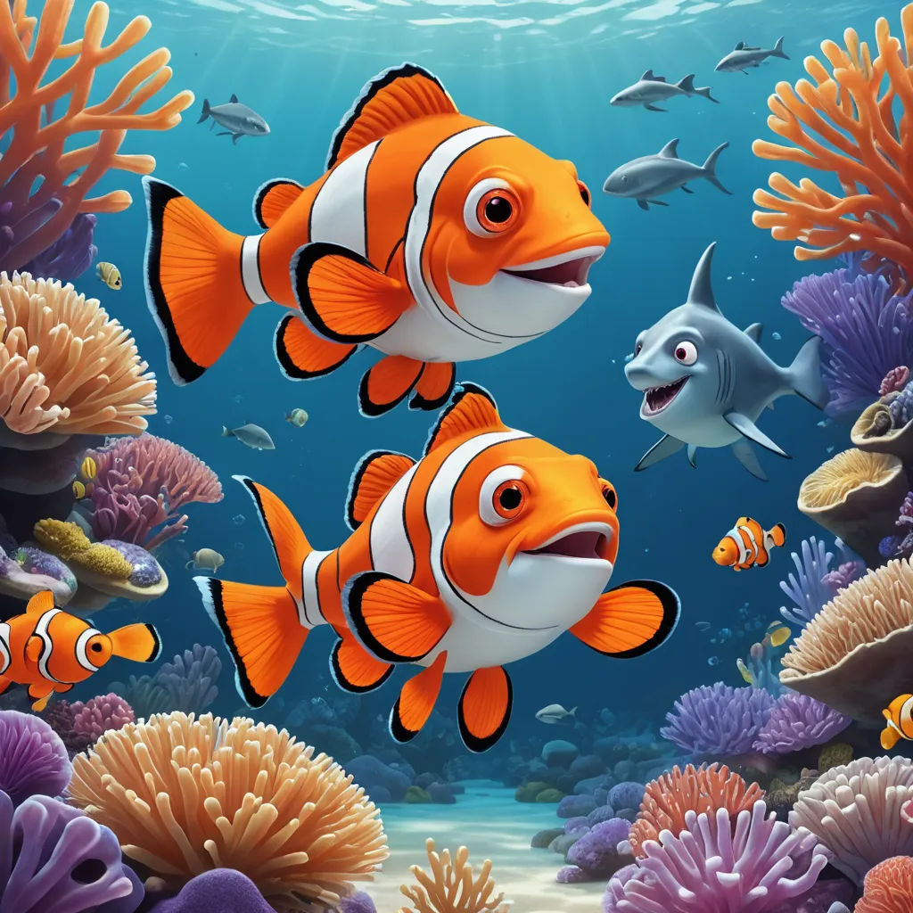 a painting of two clown fish swimming in the ocean with corals and other fish around them and a shark, photorealism, an airbrush painting, David Martin, highly detailed digital painting