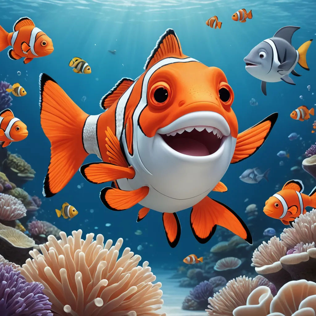 a cartoon fish with an open mouth and many other fish around it in the ocean with a sunbeam, pop surrealism, an airbrush painting, Diego Gisbert Llorens, highly detailed digital painting