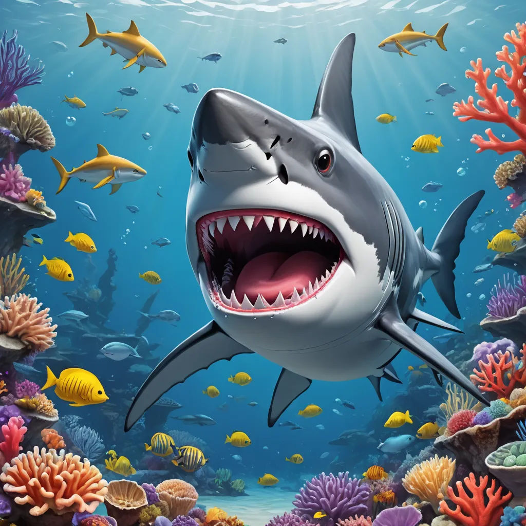 a shark with its mouth open in the ocean with corals and fish around it, with sunlight coming through the water, photorealism, computer graphics, Chris LaBrooy, highly detailed digital painting