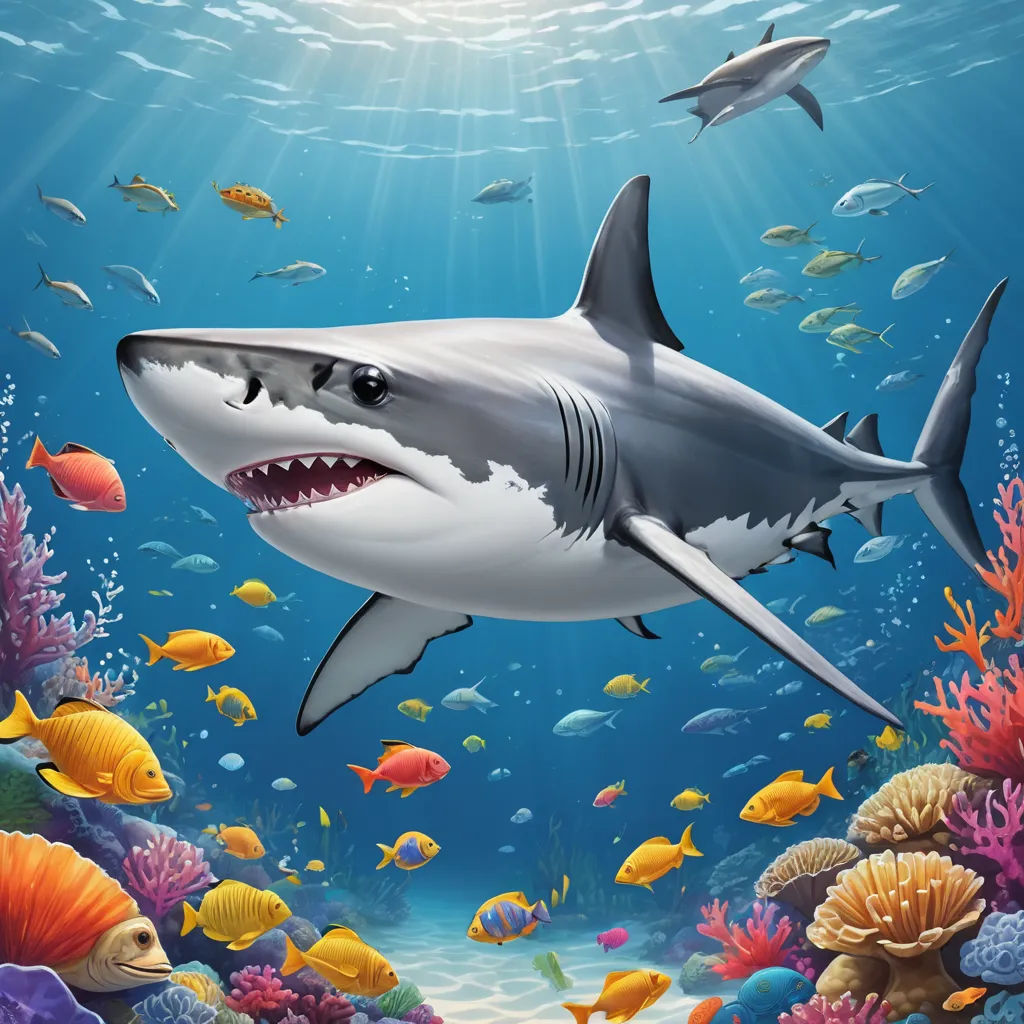 a shark swimming in the ocean with other fish around it and a sunbeam above it that is shining, photorealism, a digital painting, David Martin, highly detailed digital painting