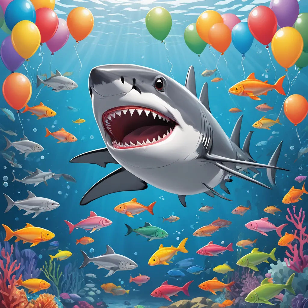 a shark with a large open mouth surrounded by fish and balloons in the ocean illustration by alex krapf, pop surrealism, a pop art painting, Chris LaBrooy, highly detailed digital painting
