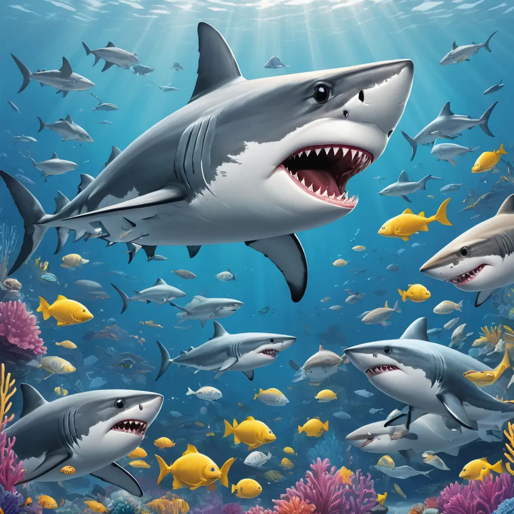 a group of sharks swimming in the ocean with a sunbeam in the background and a school of fish swimming around, fantasy art, a digital painting, Damien Hirst, highly detailed digital painting