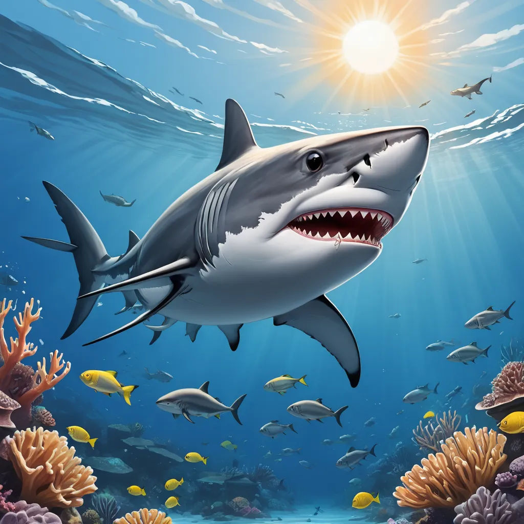 a shark swimming in the ocean with a lot of fish around it's neck and a sun in the background, photorealism, a digital painting, Damien Hirst, highly detailed digital painting