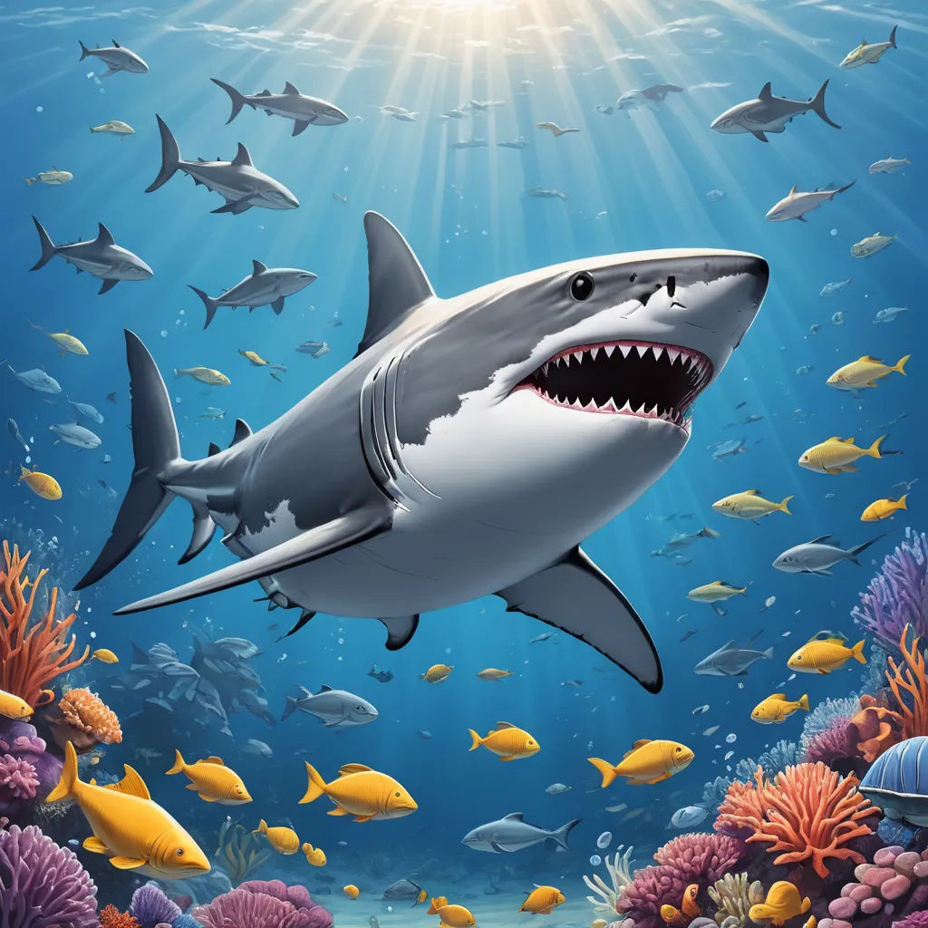 a shark with a large open mouth swimming in the ocean with many fish around it and a sunbeam above it, computer art, a digital rendering, Damien Hirst, highly detailed digital painting