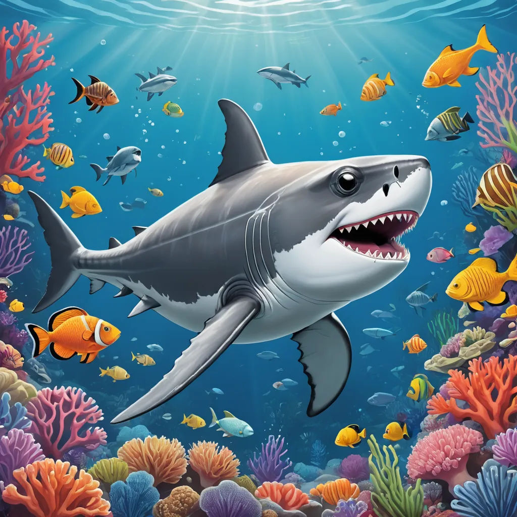 a shark with a large mouth swimming in the ocean with fish around it and a sunbeam above it, pop surrealism, computer graphics, Chris LaBrooy, highly detailed digital painting