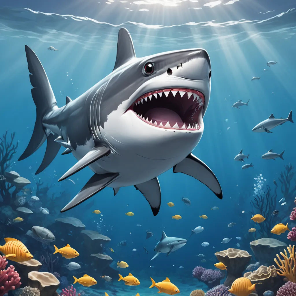 a shark with its mouth open swimming in the ocean with other fish around it and a sunbeam overhead, fantasy art, a digital painting, Chris LaBrooy, highly detailed digital painting