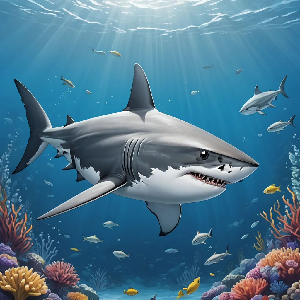 a shark swimming in the ocean with other fish around it and a sunbeam above it that is shining, photorealism, a digital painting, Dan Mumford, highly detailed digital painting