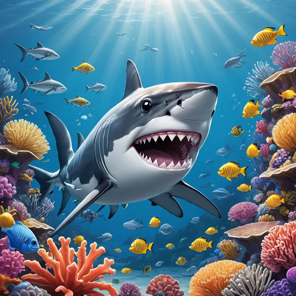a shark with a large open mouth swimming in the ocean with corals and fish around it illustration by corbi, computer art, computer graphics, Chris LaBrooy, highly detailed digital painting